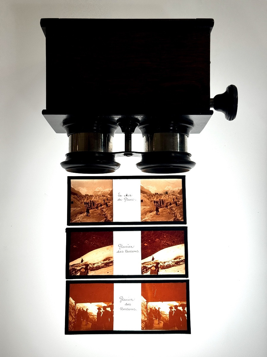 Visionneuse et 3 plaques stéréo sur  les Glaciers de Chamonix photographie stéréoscopique