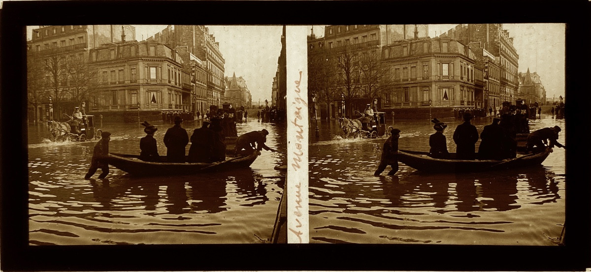 Plaque de verre stéréoscopique "Inondations de Paris " circa 1910-photo-2