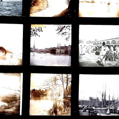 12 Photographies sur verre "paysages "  encadrement vitrail circa 1920-photo-4