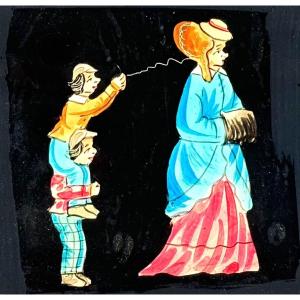 "Les garnements", plaque à système pour Lanterne Magique c.1850