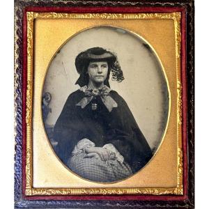 Ambrotype, Portrait Of A Woman In A Hat, Circa 1860 Vintage Photograph