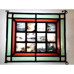 12 Photographies sur verre "paysages " encadrement vitrail circa 1920