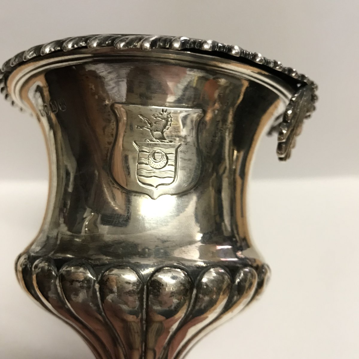 1823 English Coated Wine Decanter With Coat Of Arms, George Iv, Solid 925 Silver, By Silversmith Charles Fox, 159g-photo-3