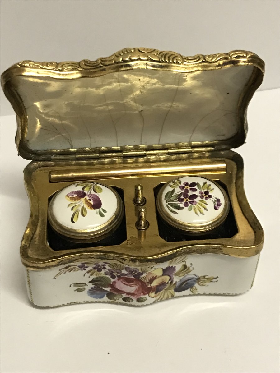 Coffret d'écriture Anglais en email sur cuivre époque 18éme représentant une scène portuaire-photo-3