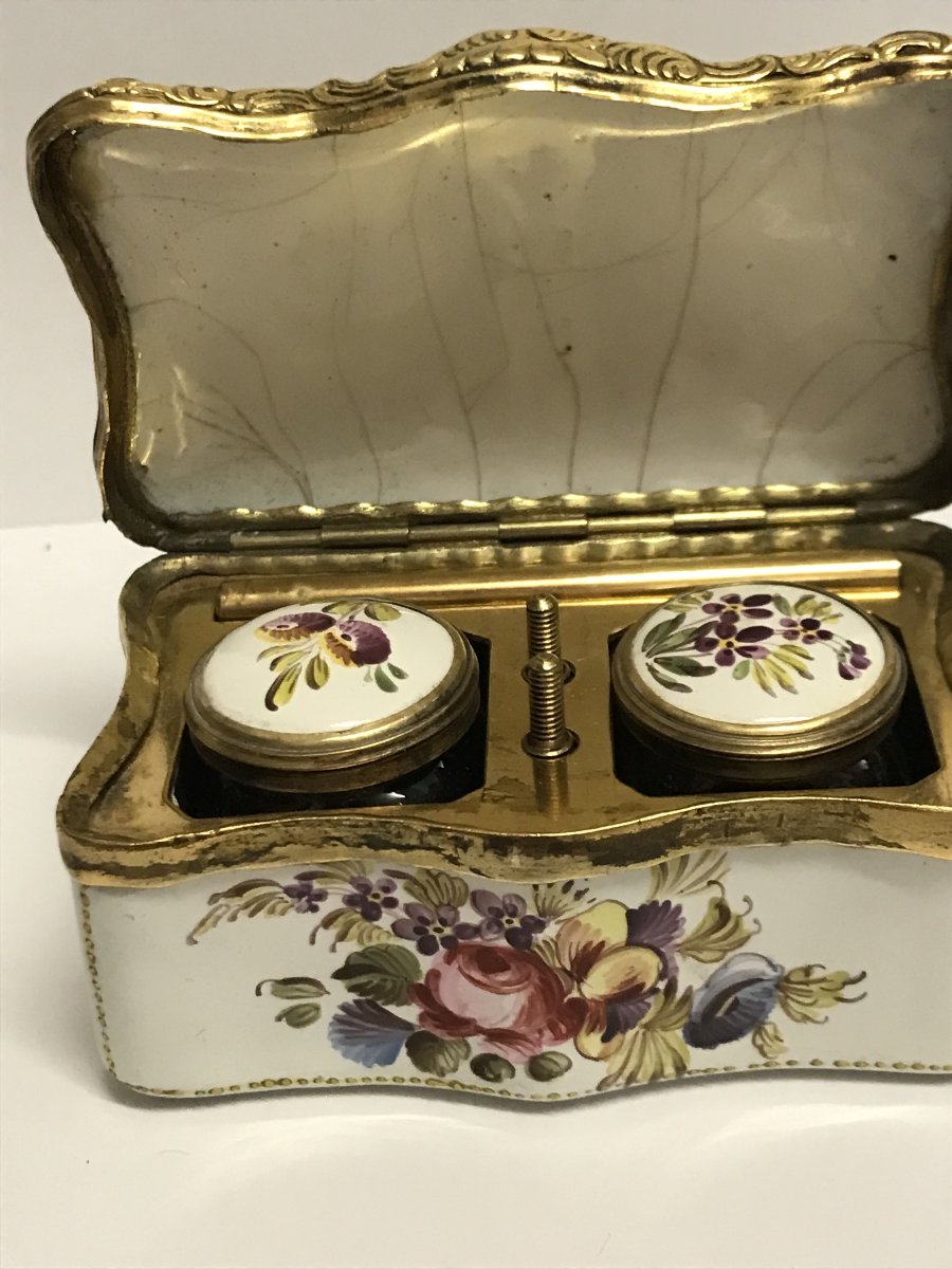 Coffret d'écriture Anglais en email sur cuivre époque 18éme représentant une scène portuaire-photo-4