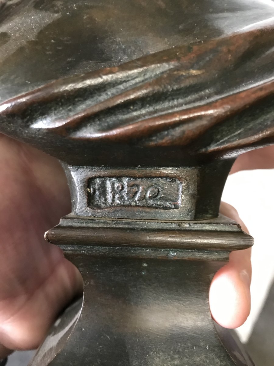 Buste de Marianne en Bronze avec date 1870 sur terrasse en marbre-photo-4