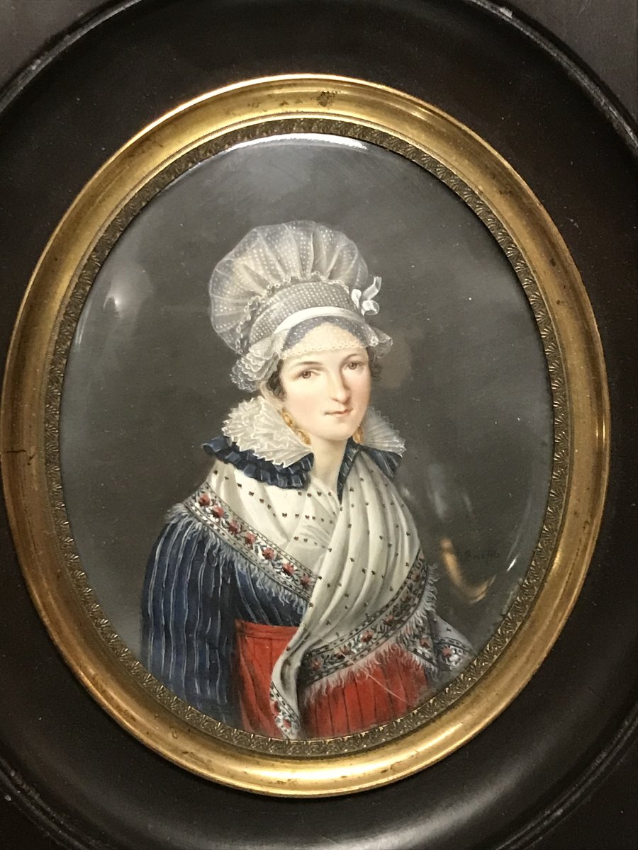 Portrait miniature d'une élégante vers 1830 signé Mlle Eugénie BEAUFILS de la RANCHERAYE -photo-2