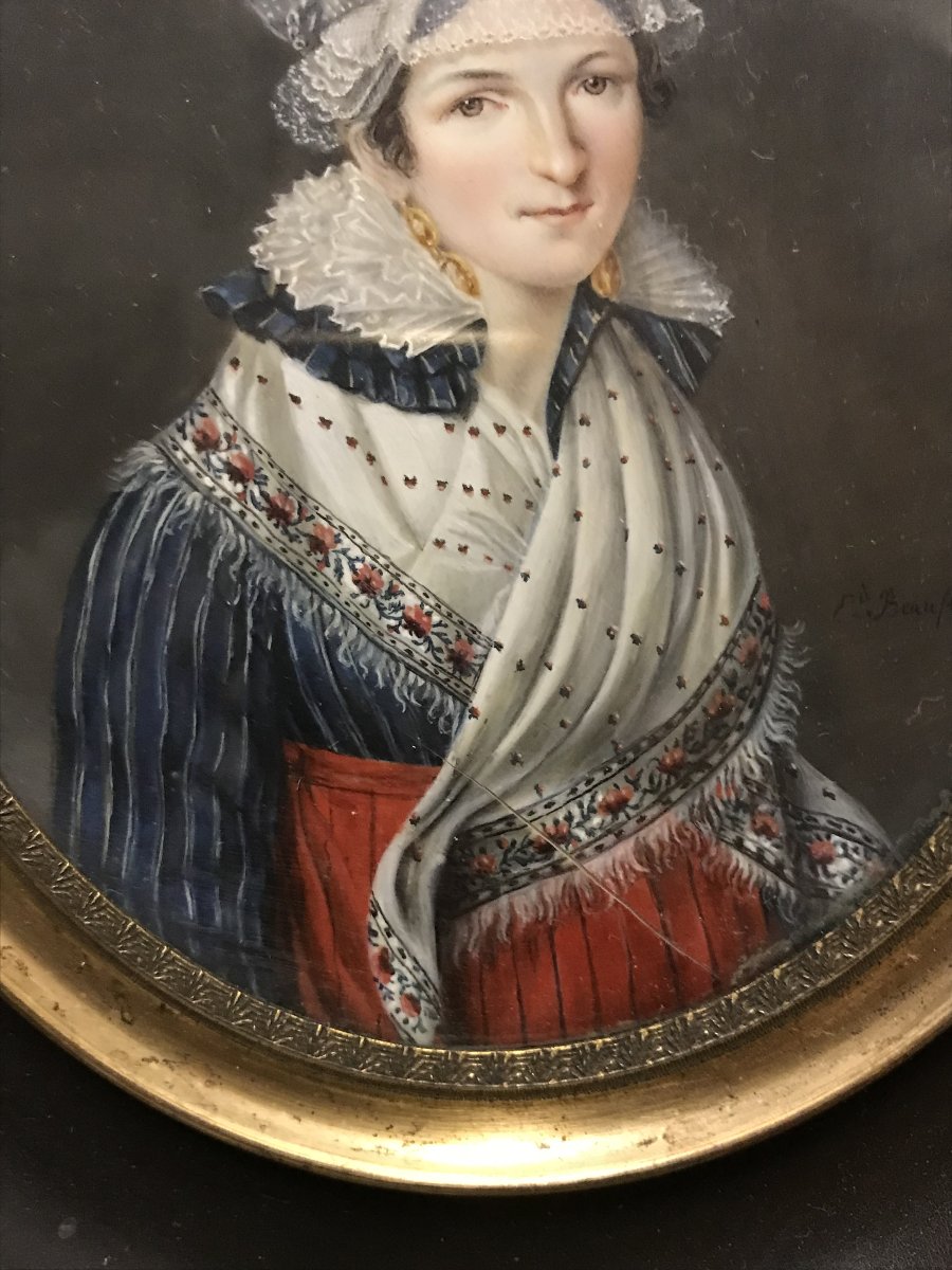 Portrait miniature d'une élégante vers 1830 signé Mlle Eugénie BEAUFILS de la RANCHERAYE -photo-2