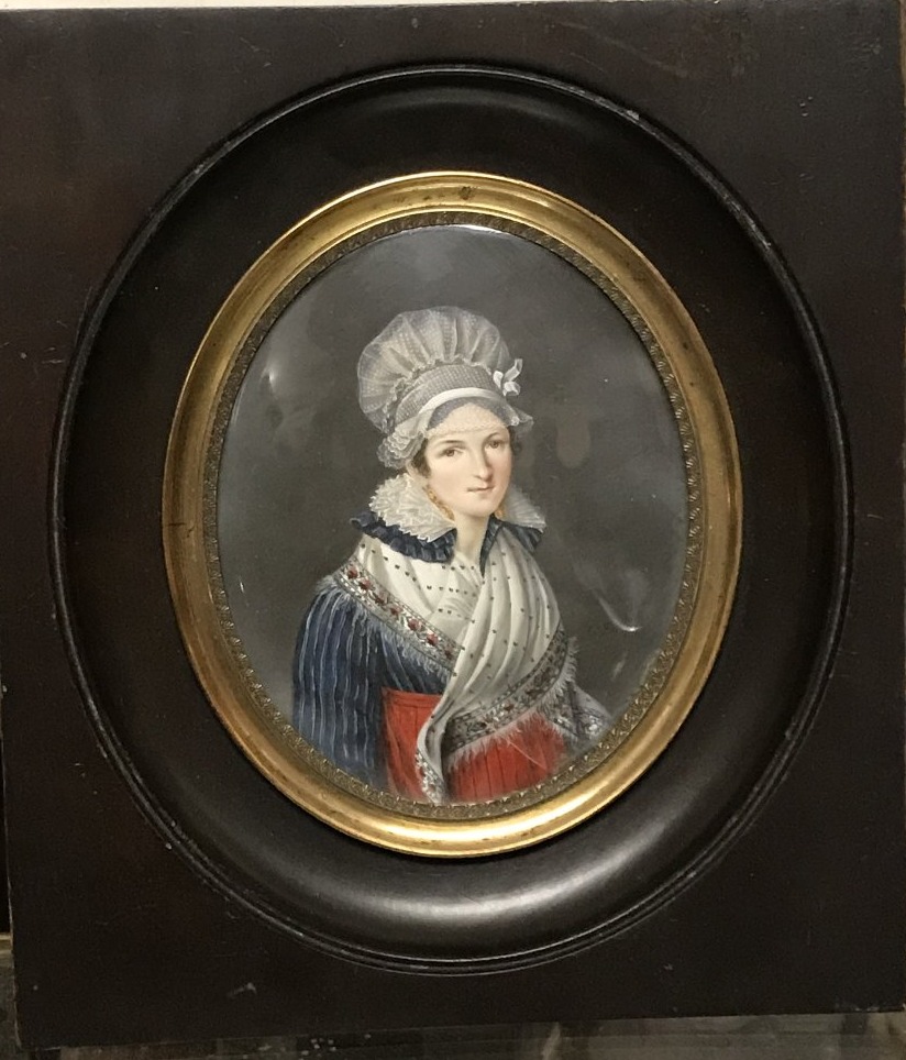 Portrait miniature d'une élégante vers 1830 signé Mlle Eugénie BEAUFILS de la RANCHERAYE 