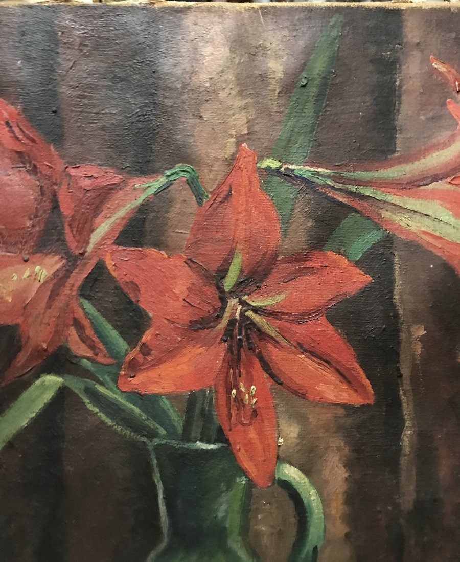 Marcel Canneel 1894-1953 Huile sur toile Nature morte aux Amaryllis signée et datée de 1943-photo-3