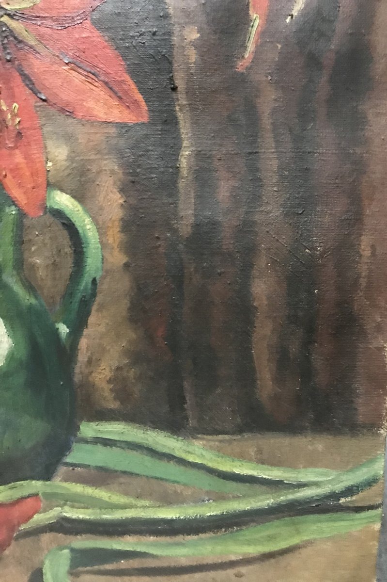 Marcel Canneel 1894-1953 Huile sur toile Nature morte aux Amaryllis signée et datée de 1943-photo-1