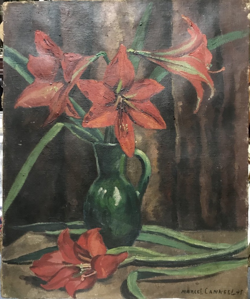 Marcel Canneel 1894-1953 Huile sur toile Nature morte aux Amaryllis signée et datée de 1943