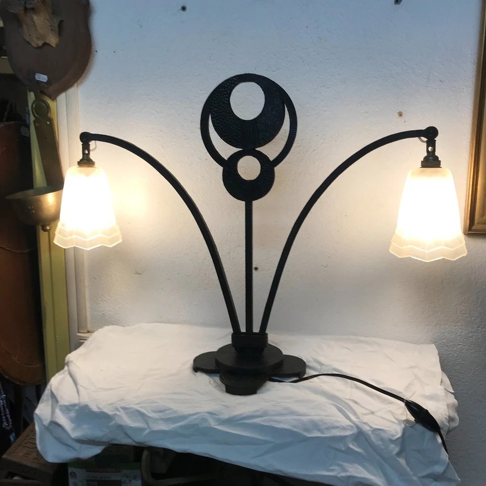 Lampe Art déco 2 feux  articulée monture Fer Forgé & tulipe verre pressé Degué 1930-photo-5