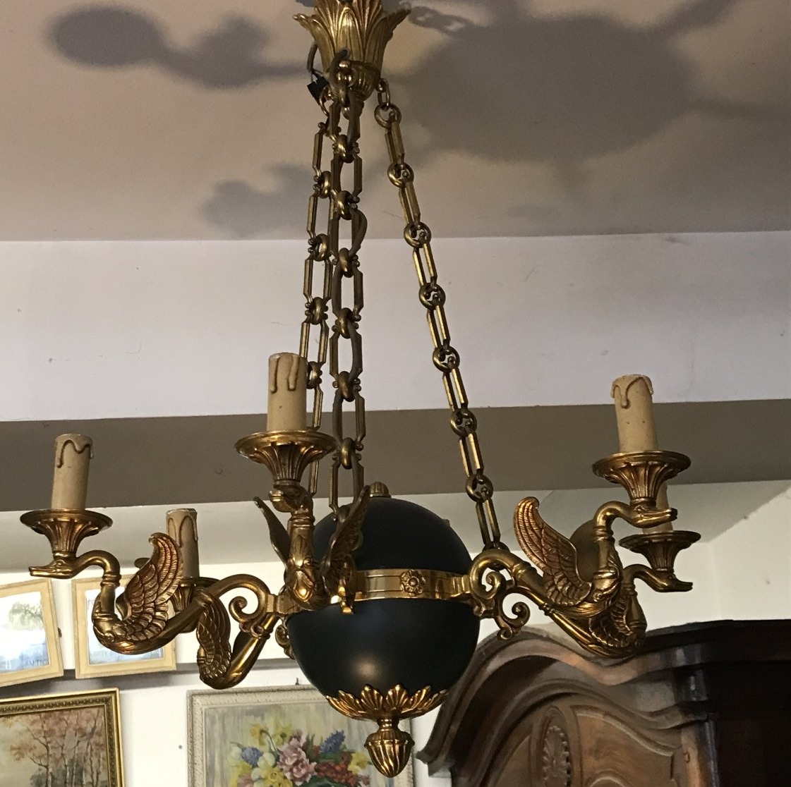 Lucien Gau 6-light Empire-style Chandelier With Gilded Bronze Arms Shaped Like Swans, Mid-20th Century-photo-2