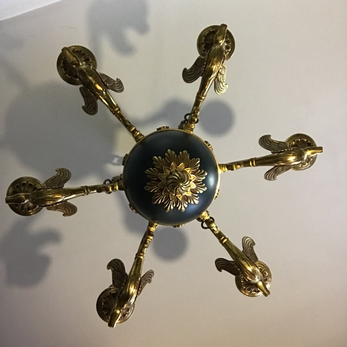 Lucien Gau 6-light Empire-style Chandelier With Gilded Bronze Arms Shaped Like Swans, Mid-20th Century-photo-4