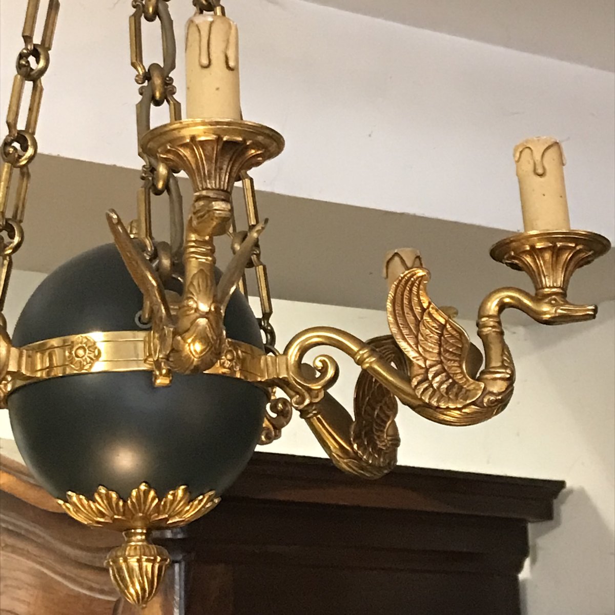 Lucien Gau 6-light Empire-style Chandelier With Gilded Bronze Arms Shaped Like Swans, Mid-20th Century-photo-1