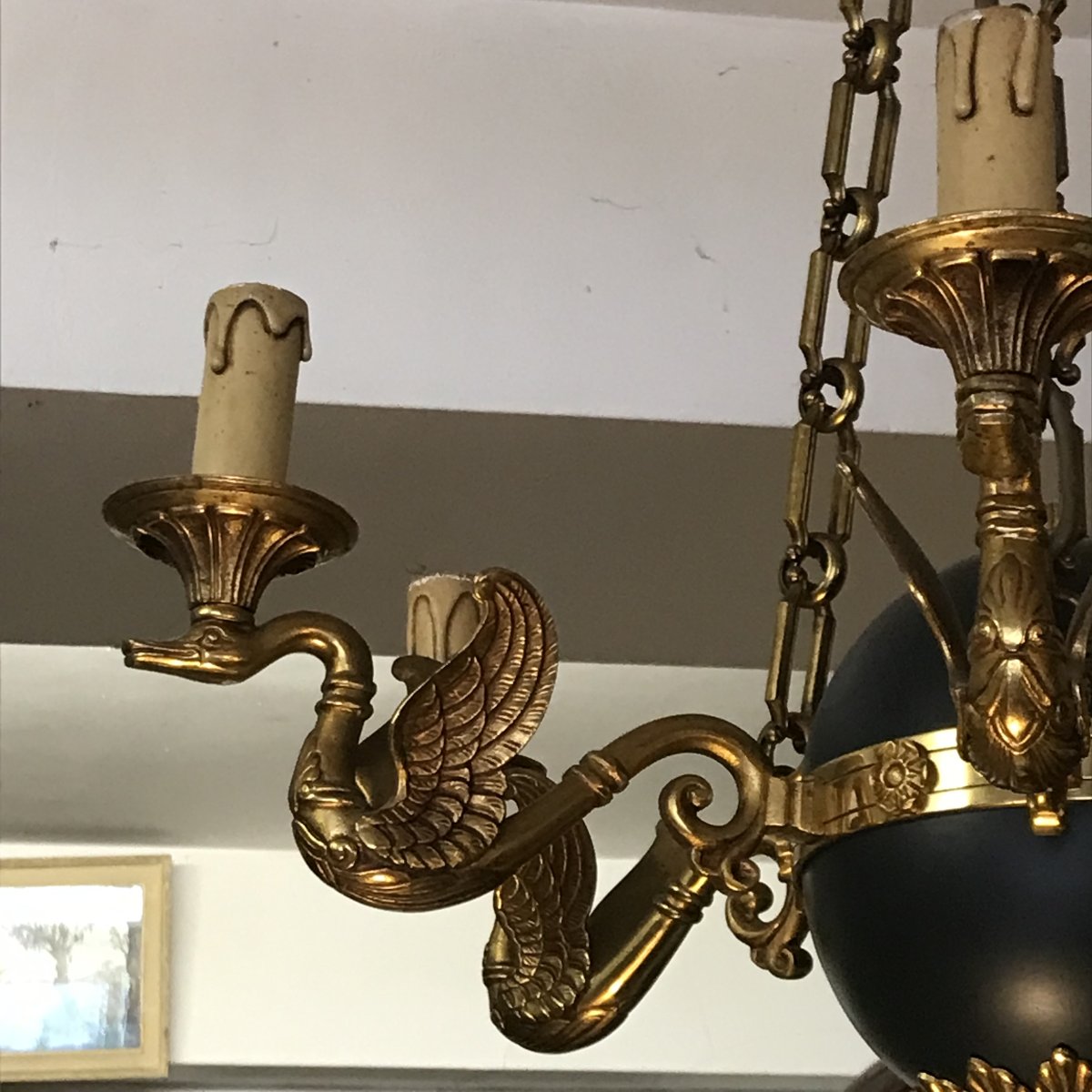 Lucien Gau 6-light Empire-style Chandelier With Gilded Bronze Arms Shaped Like Swans, Mid-20th Century-photo-3