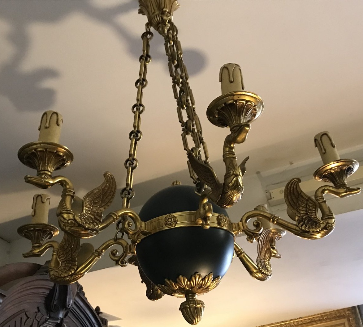 Lucien Gau 6-light Empire-style Chandelier With Gilded Bronze Arms Shaped Like Swans, Mid-20th Century