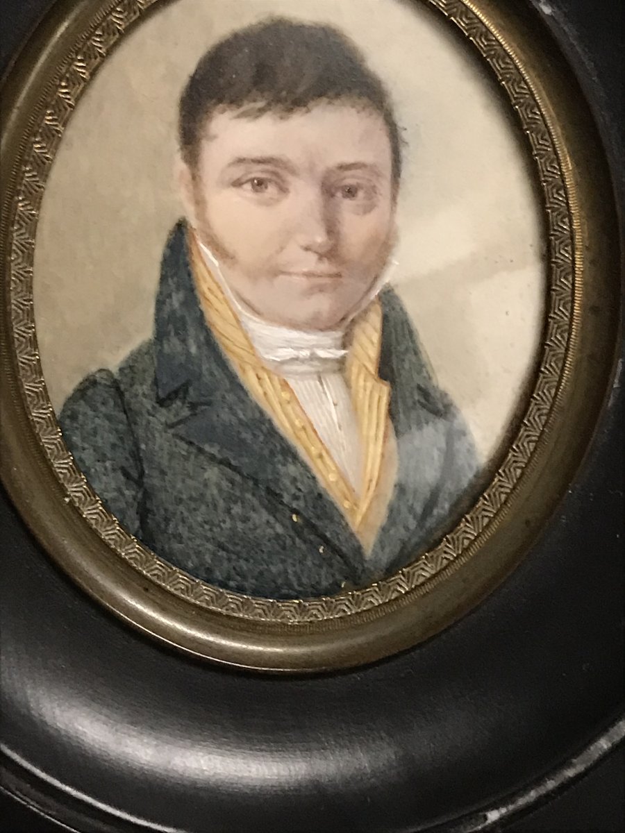 Portrait miniature d'un élégant Début 19 ème encadré et sous verre bombé -photo-4