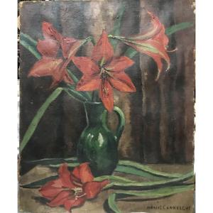 Marcel Canneel 1894-1953 Huile sur toile Nature morte aux Amaryllis signée et datée de 1943
