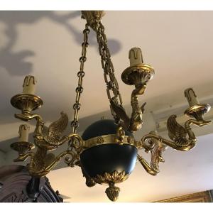 Lucien Gau 6-light Empire-style Chandelier With Gilded Bronze Arms Shaped Like Swans, Mid-20th Century