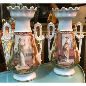 Pair Of Large 19th-century Empire-style Vases Made Of Paris Porcelain, With An Antique-style Neoclassical Design, 40 Cm