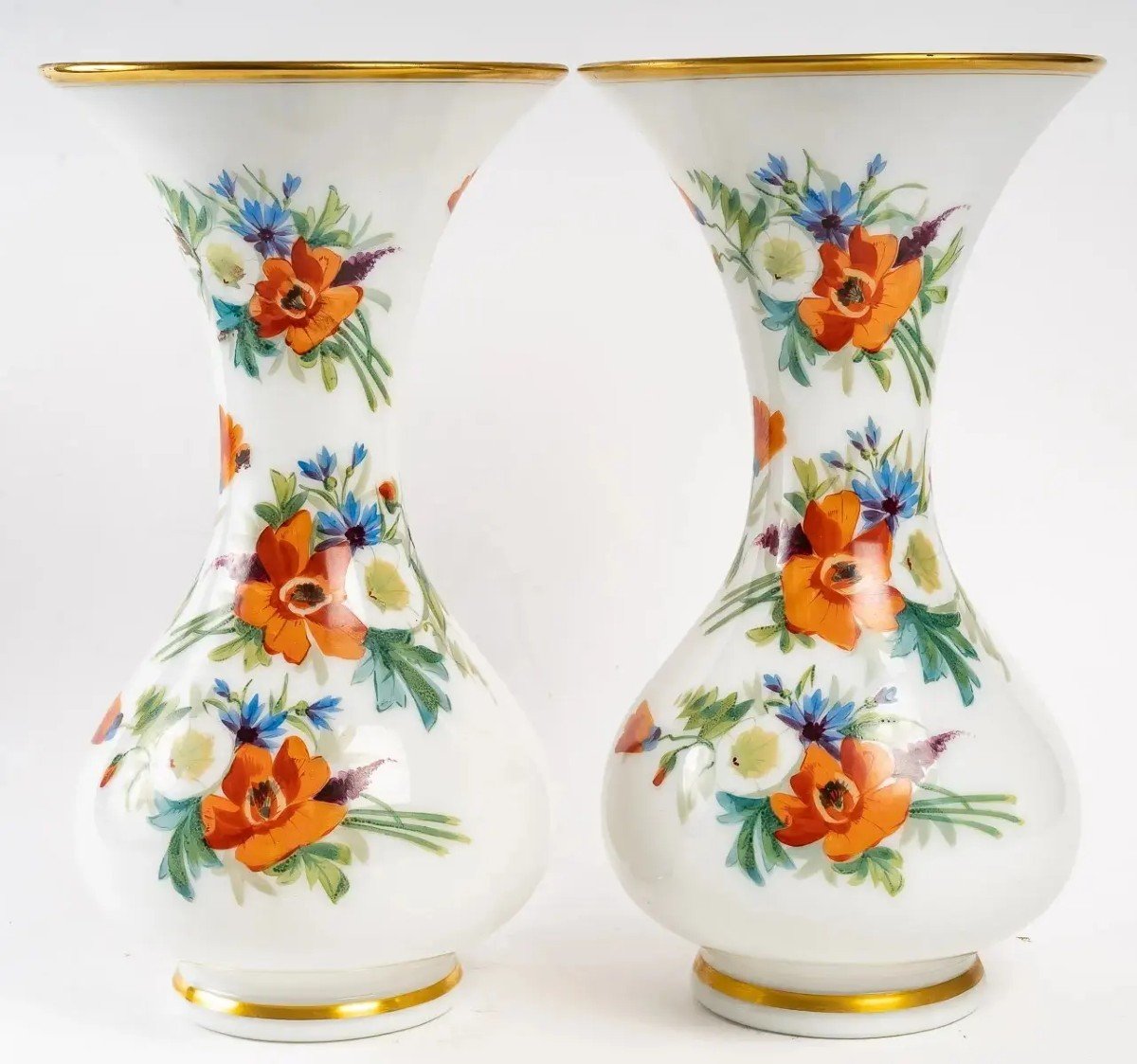 Paire De Vases En Opaline De Baccarat, Décor De Fleurs Colorée-photo-3