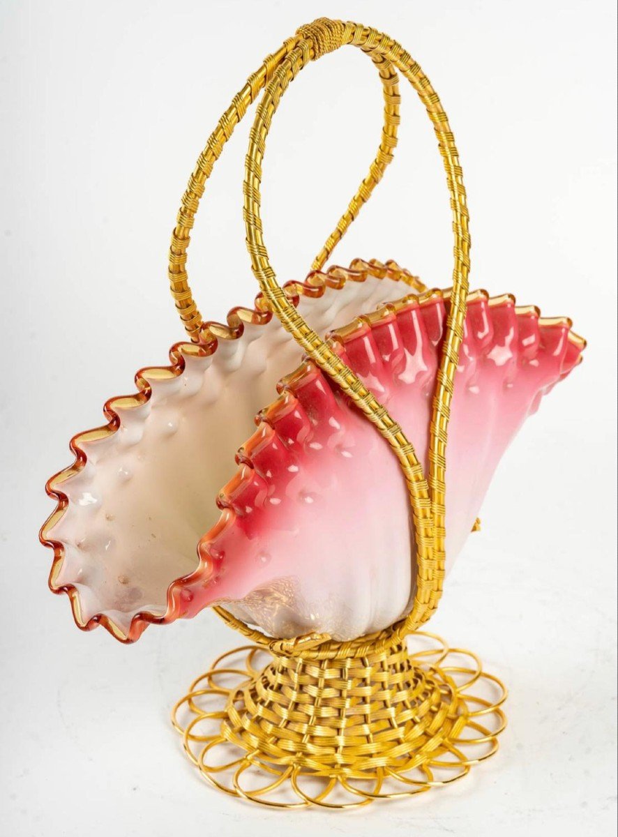 Pink And White Opaline Basket With Gilt Bronze Ornamentation