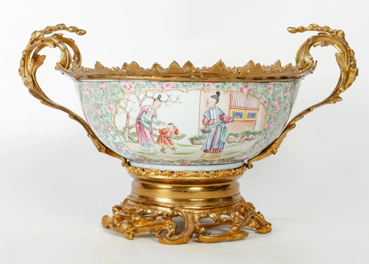Coupe En Porcelaine de Canton Chinois, Monture En Bronze Doré -photo-2