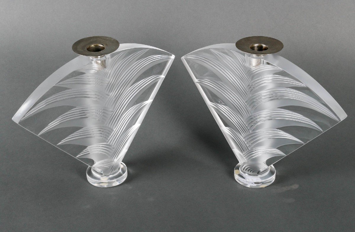 Pair Of Lalique Crystal Candlesticks, Signed Lalique France, 20th Century.-photo-2
