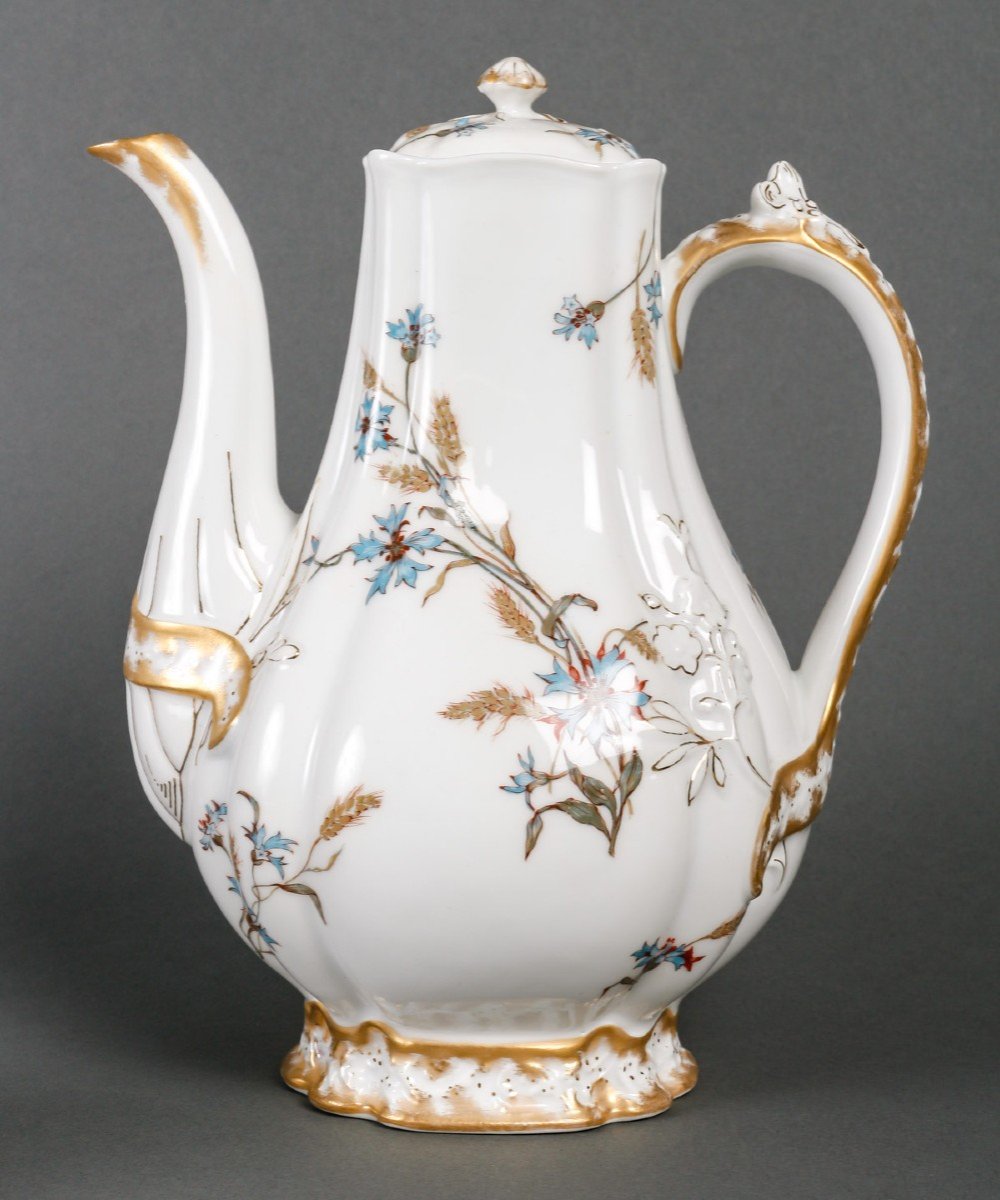 Service à Café En Porcelaine à Décor De Fleurs, Signé -photo-2