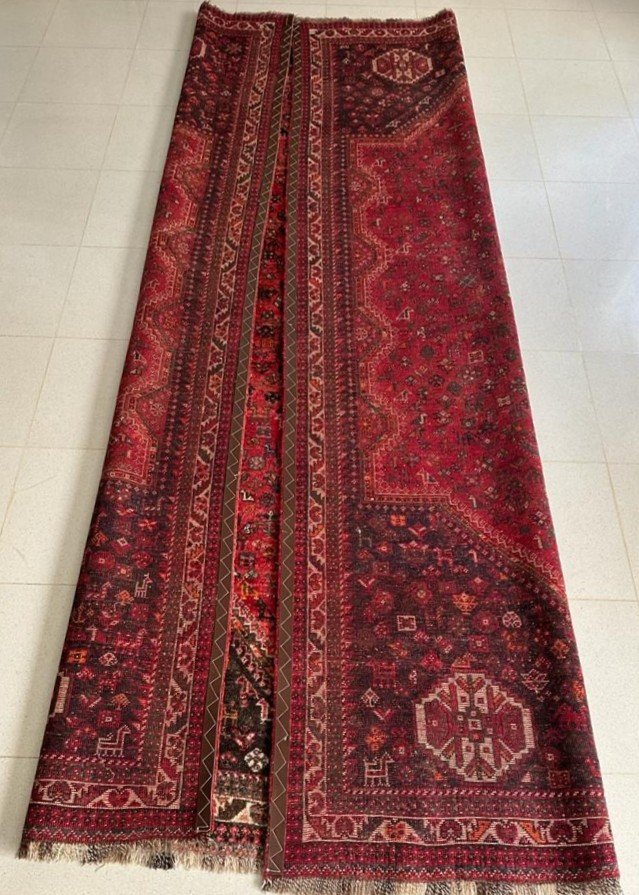 Tapis Perse (shiraz Yalami) En Très Bon état, De Couleurs Rouge Et Noir-photo-4