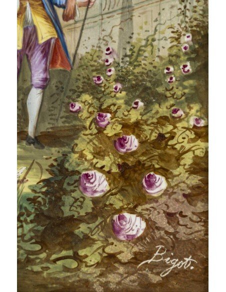 Peintures Sur Céramique Signées Bigot, Fin XIXe Siècle – Scènes Galantes D’inspiration Rococo-photo-4