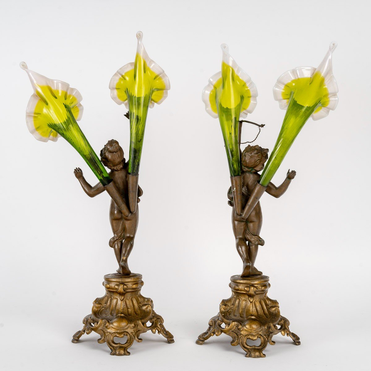 Paire De Cornets En Cristal De Murano Et Régule – Style Art Nouveau, Fin XIXe - Début XXe Siècl-photo-2