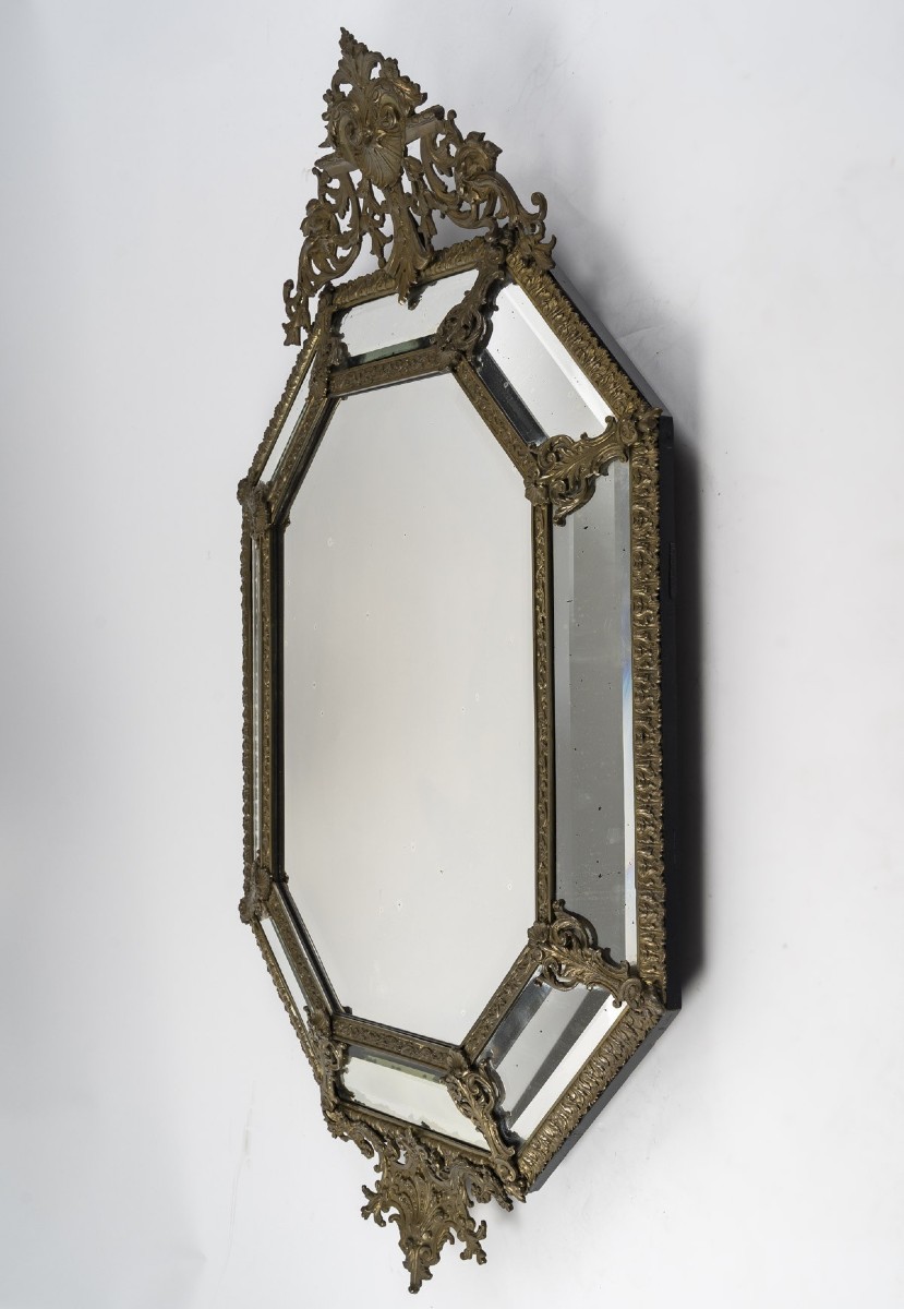 Baroque Style Mirror In Gilt Bronze And Beveled Glass