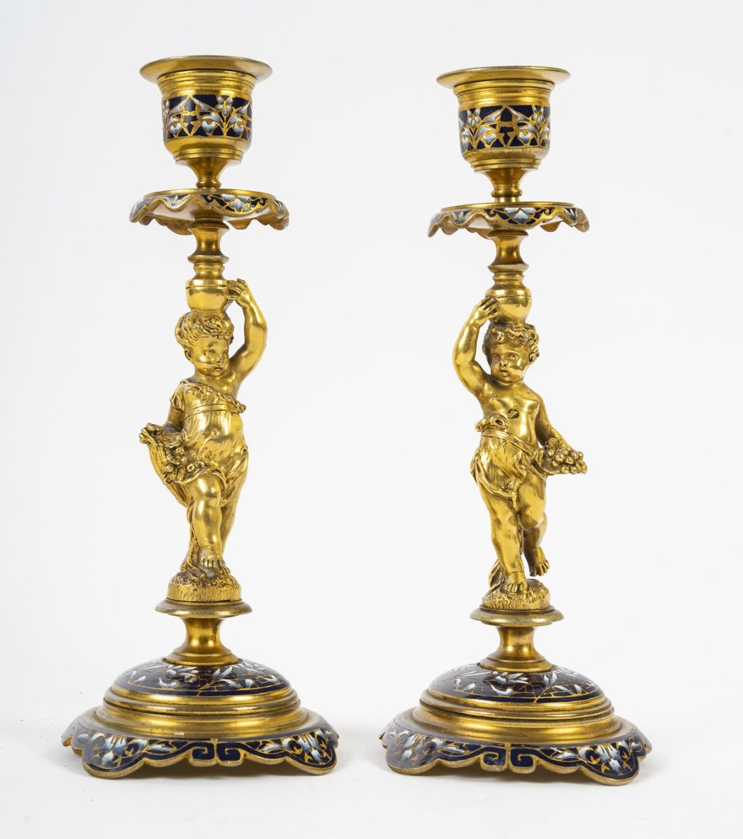 Gilt Bronze And Cloisonné Enamel Desk Inkwell And Candlesticks – Late 19th Century-photo-3