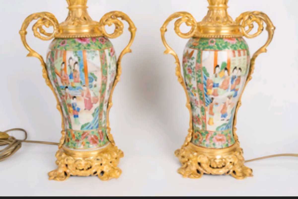 Paire de Lampes à Pétrole en Porcelaine de Canton et bronze doré XIXÈME -photo-3