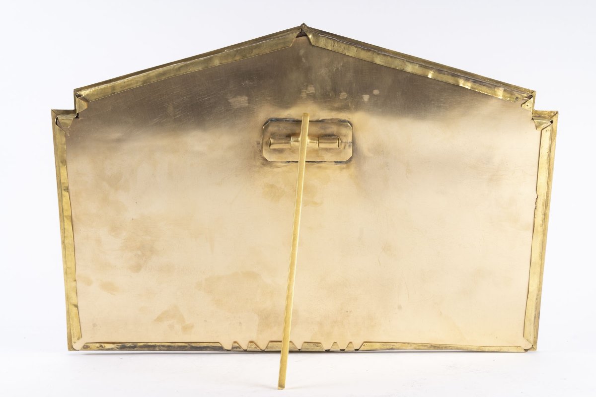 Cadre à trois photos en laiton doré et tissu vert clair, style Empire – XIXᵉ siècle-photo-3