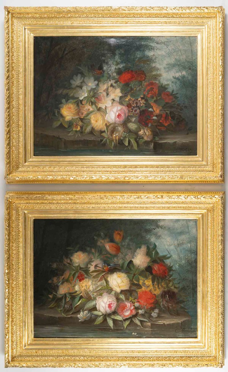 Tableaux de fleurs signés "Jullien" – 1878  Huile sur toile – cadres d’origine en bois 