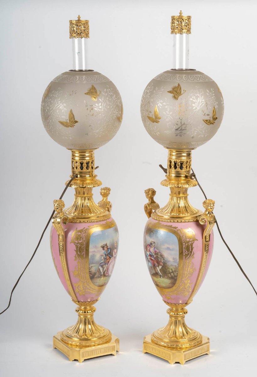 lampes à pétrole en porcelaine et bronze doré, électrifiées, époque Napoléon III-photo-3
