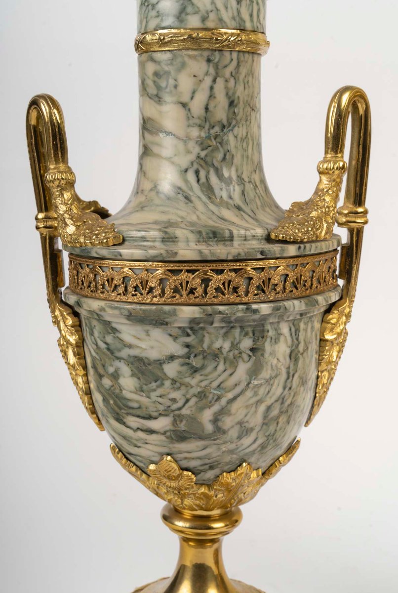 Paire de cassolettes en marbre vert et bronze doré, époque Napoléon III-photo-3