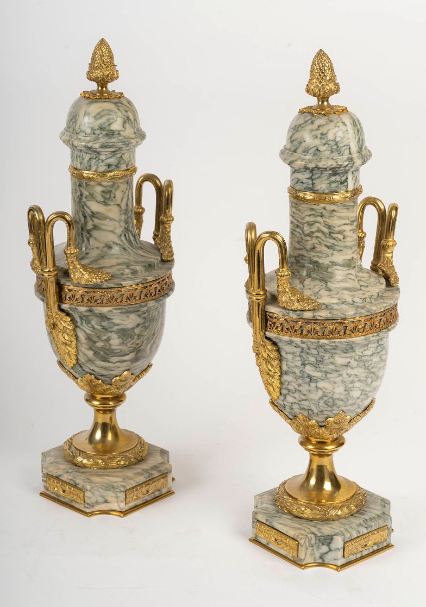Paire de cassolettes en marbre vert et bronze doré, époque Napoléon III-photo-1