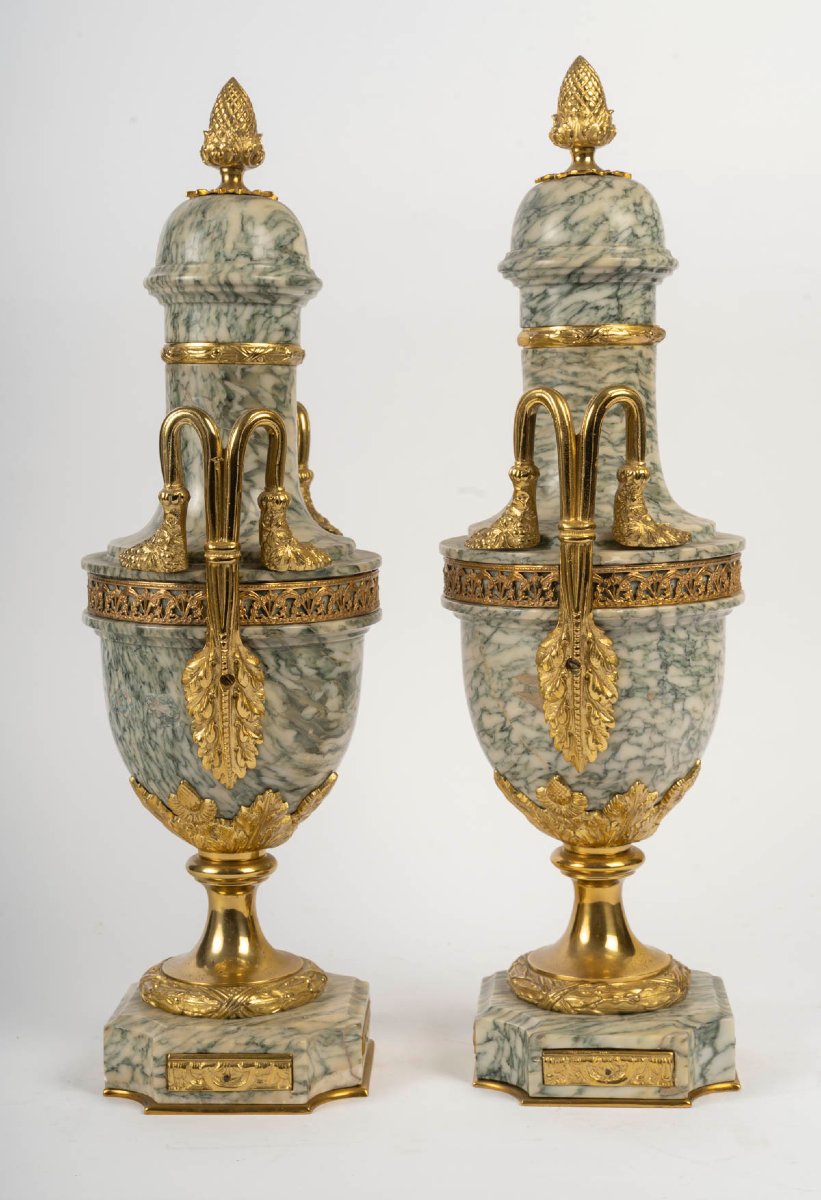 Paire de cassolettes en marbre vert et bronze doré, époque Napoléon III-photo-2