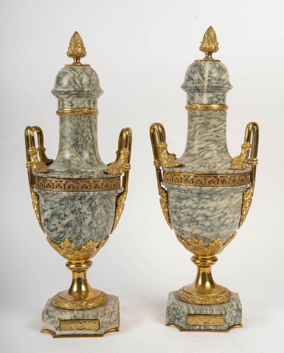 Paire de cassolettes en marbre vert et bronze doré, époque Napoléon III-photo-4