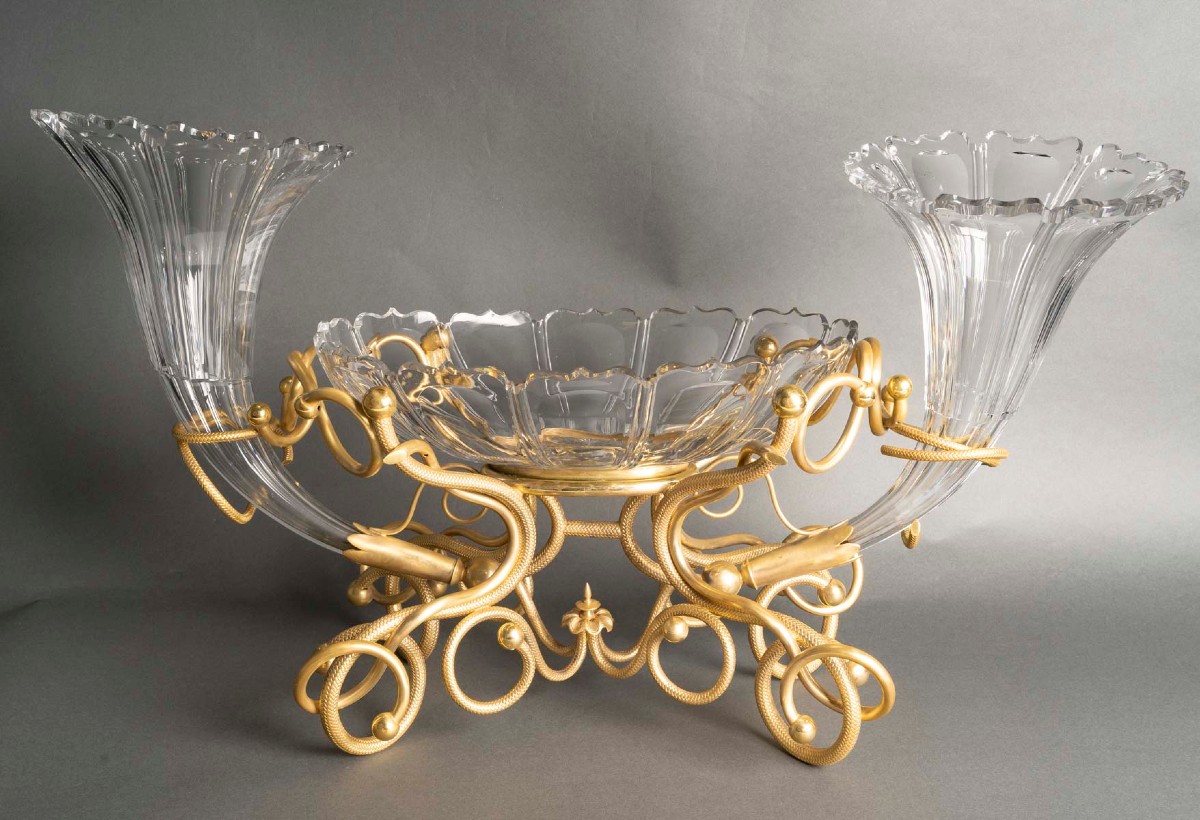Centerpiece With Horns – Crystal And Gilt Bronze, Late 19th Century