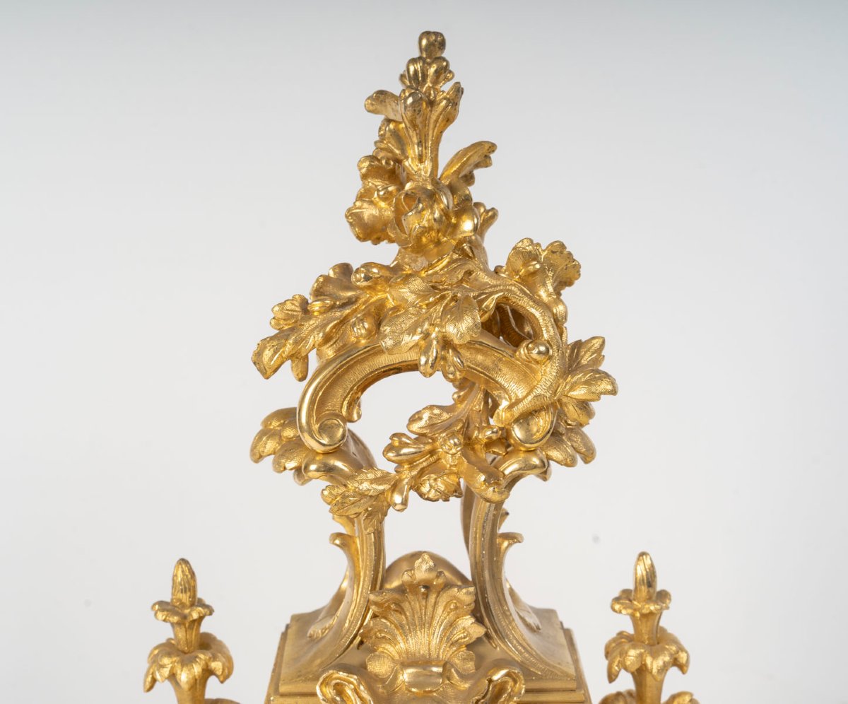 Garniture de cheminée en bronze doré – Style Louis XV – Époque Napoléon III-photo-4