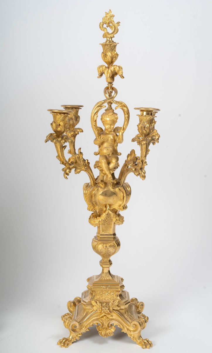 Garniture de cheminée en bronze doré – Style Louis XV – Époque Napoléon III-photo-3
