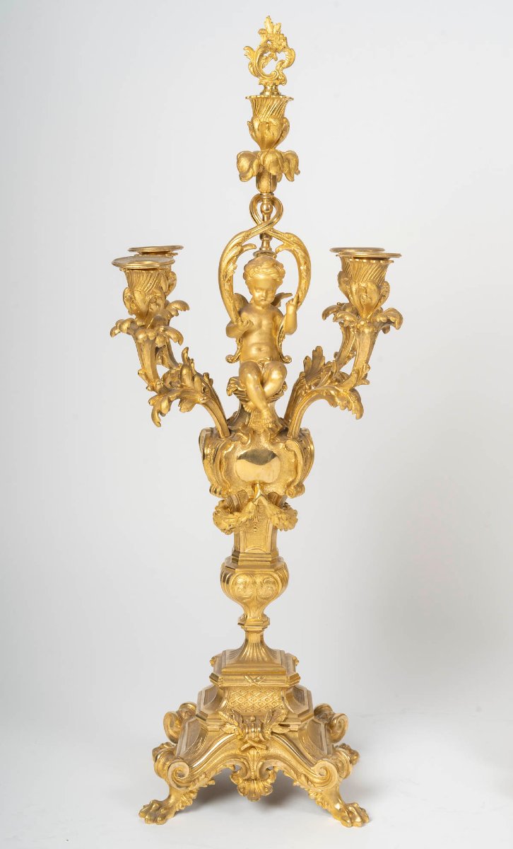 Garniture de cheminée en bronze doré – Style Louis XV – Époque Napoléon III-photo-4