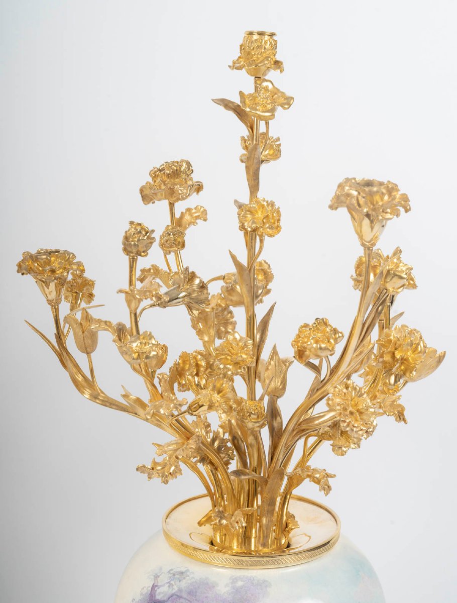 Vases, Pair Of Large Vases Decorated With Bouquets In Gilt Bronze – Napoleon III Period-photo-4