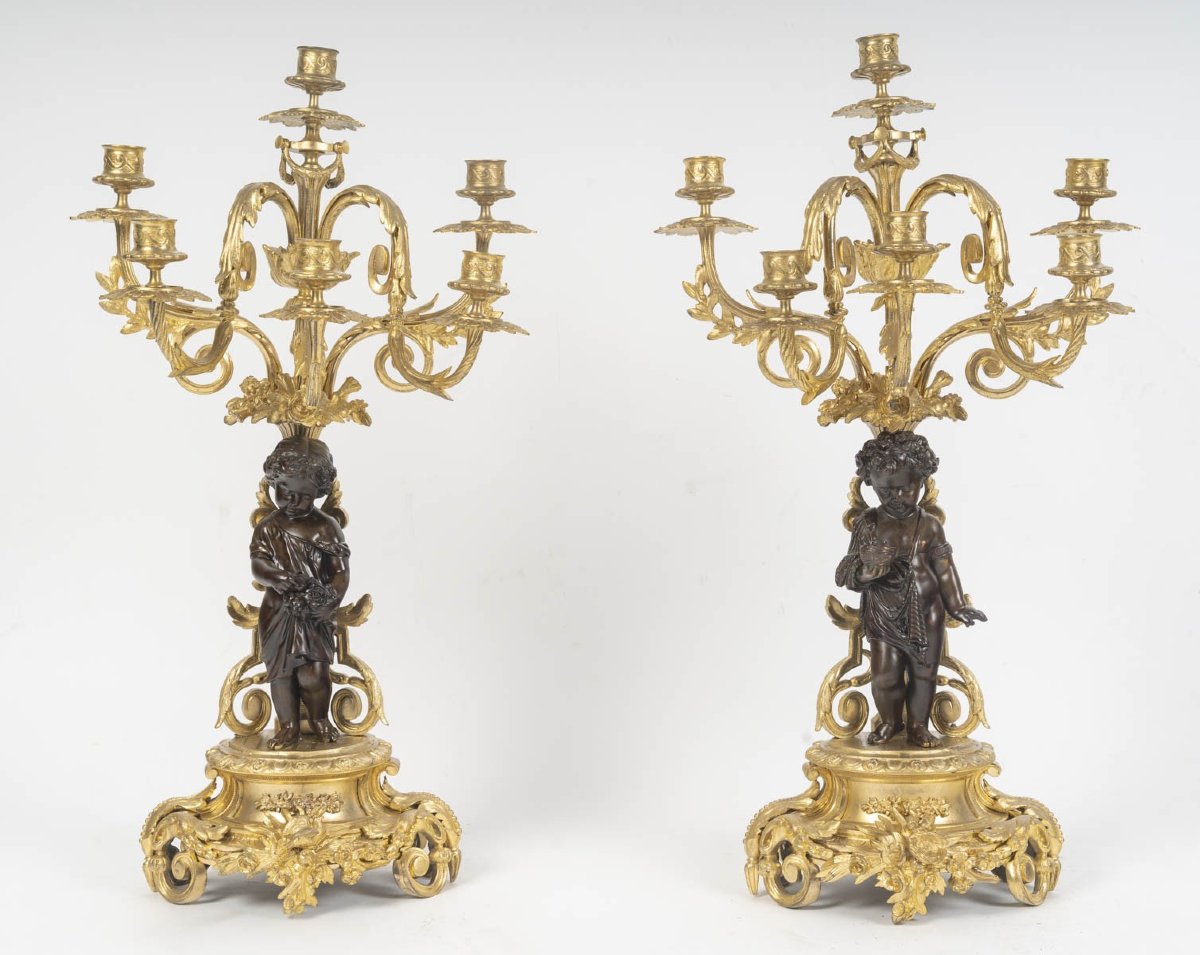 Garniture de cheminée en bronze patiné et doré, pendule et candélabres, XIXᵉ siècle-photo-7